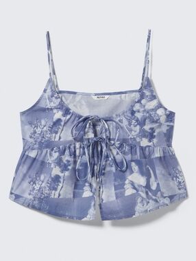 Monki Printed Cotton Tie Front Top In Baroque Collage Blue, Size M